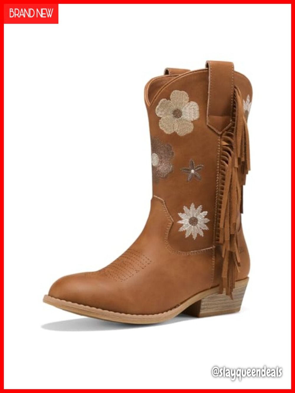 Girls Cowboy Boots with Floral Embroidered Faux Leather Tassel Western Boots